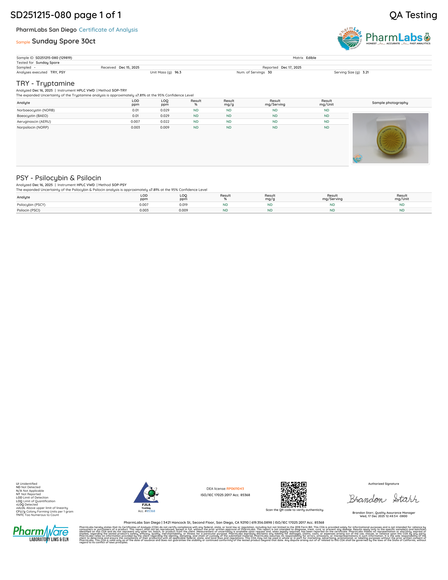 Full Sunday Spore 30ct certificate of analysis